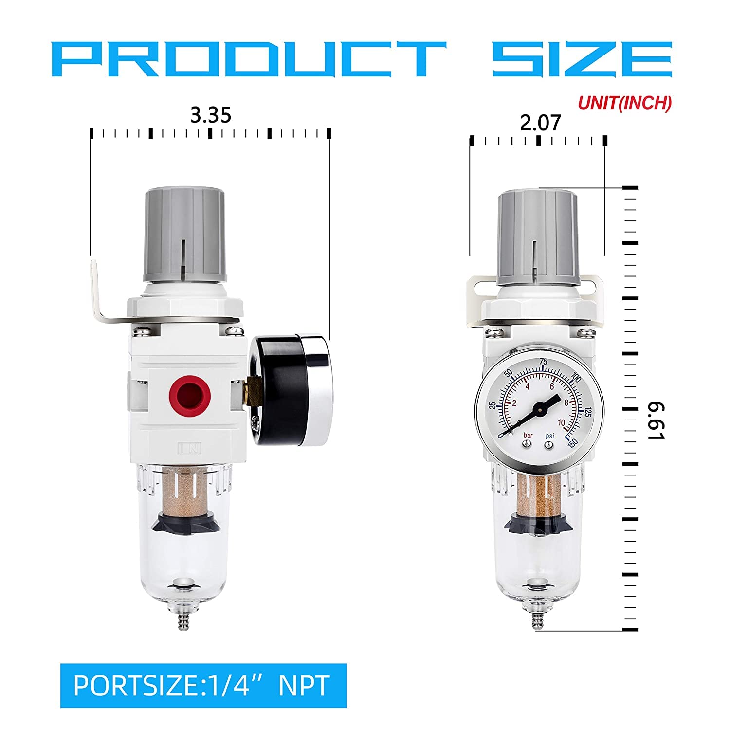 NANPU 1/4" NPT Compressed Air Filter Regulator Combo Piggyback, 5 Micron Brass Element, Poly Bowl, Semi-Auto Drain, Metal Bracket, 0-150 psi Gauge, Ball Valve - Image 3
