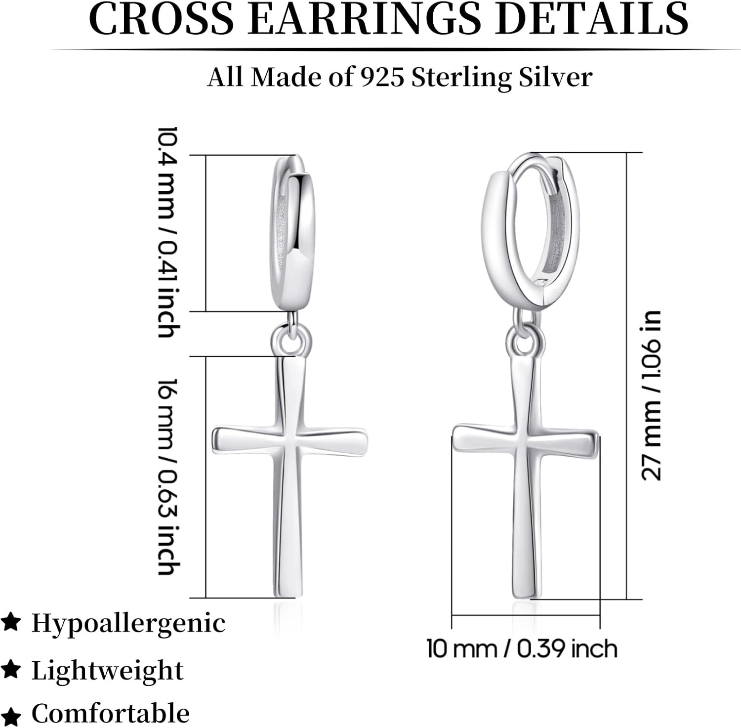Sterling Silver Cross Earrings, Hypoallergenic Dangle Cross Hoop Stud Earrings for Women Men - Image 2