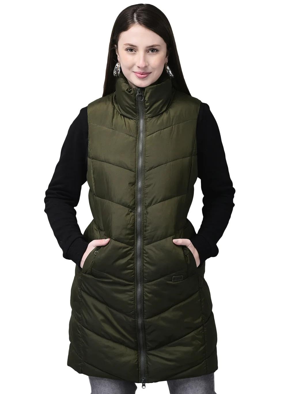 woods Women’s Olive Green Quilted Sleeveless Lightweight Polyester Winter Outerwear with Full Zip, Stand Collar, Adjustable Drawstring, and Pockets for Casual Wear & Winter Layering-picture-10