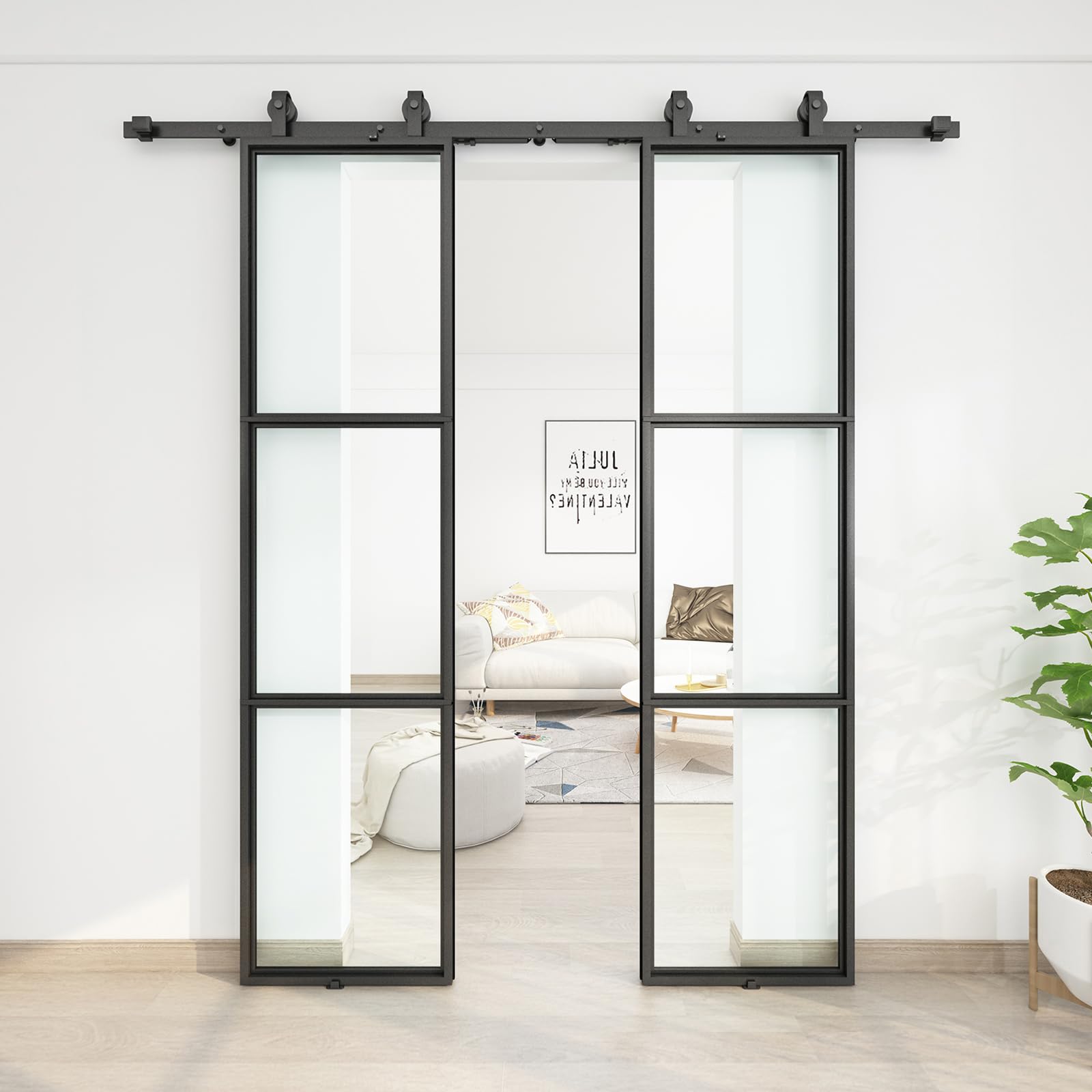 JUBEST 42 x 84 Inch Double Barn Door with 7FT Hardware Kit and Soft Close Mechanism Include, 2 Sets of 21in x 84in 3-Paneled Clear Glass with Carbon