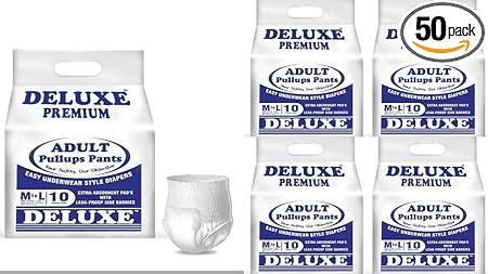 Deluxe Adult Diaper Pull up Pants, Medium/65-100cm/25-39 Inches (5 Packs/50 Pieces)