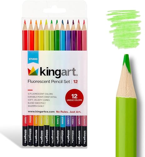 KINGART 12 lápices de colores neón para libros de colorear para adultos, lápices de dibujo profesionales de colores fluorescentes, kit de