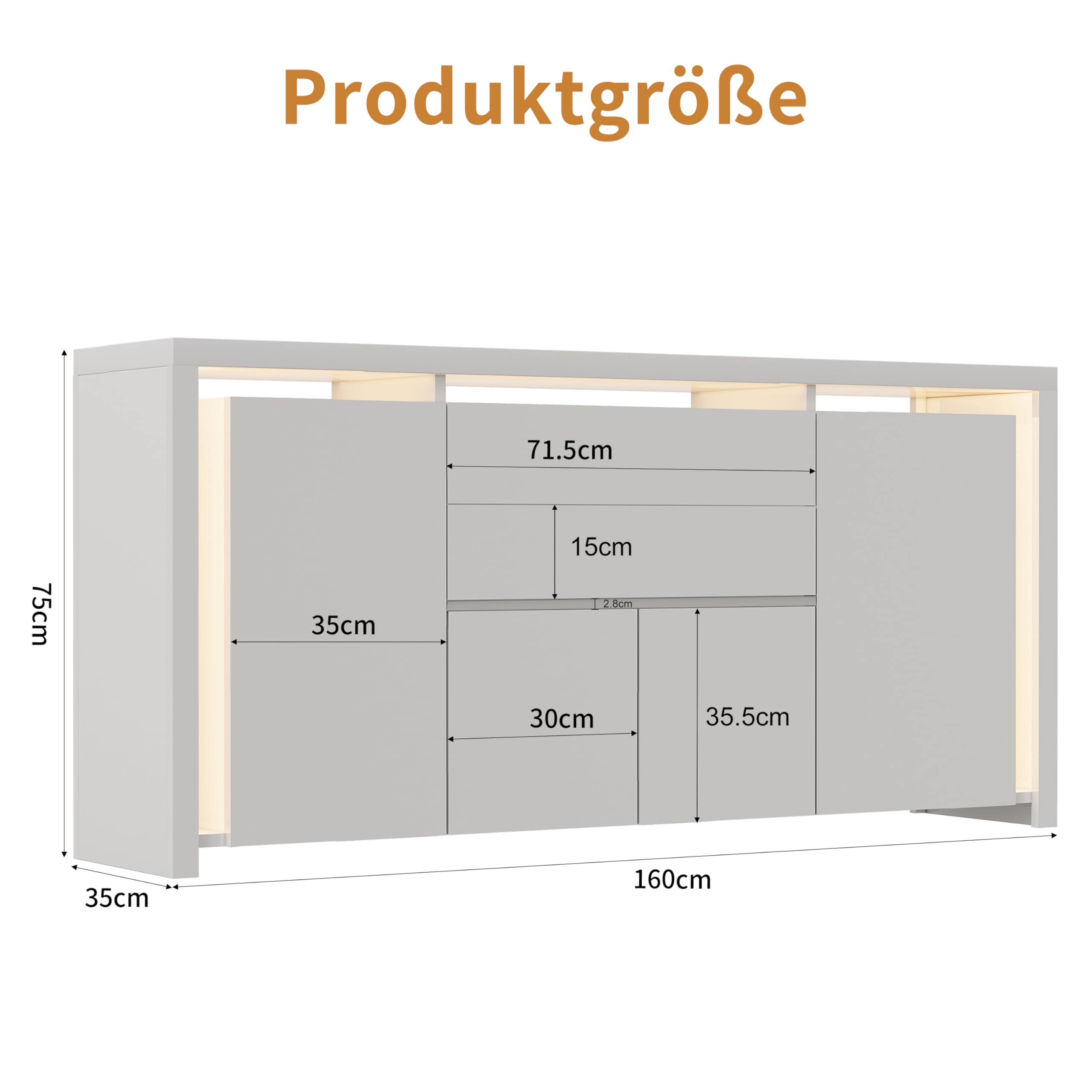 Sideboard mit 4 Türen und 2 Schubladen, Küchenschrank mit LED-Beleuchtung, Buffetschrank mit Stauraum für Küche und Esszimme, Kommode, TV-Schrank (Weiß, 160 x 76 x 35 cm)