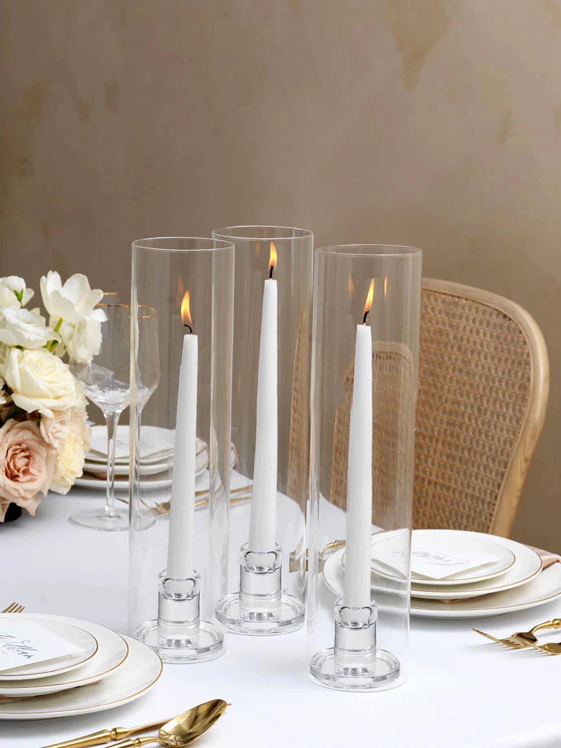 Vixdonos Glass Hurricane Candle Holder Set of 6 Modern Candlestick Holders Long Taper Candle Stand with 11.8 inch Tall Cylinder Windproof Cover for Wedding Party Table Centerpiece Outdoor