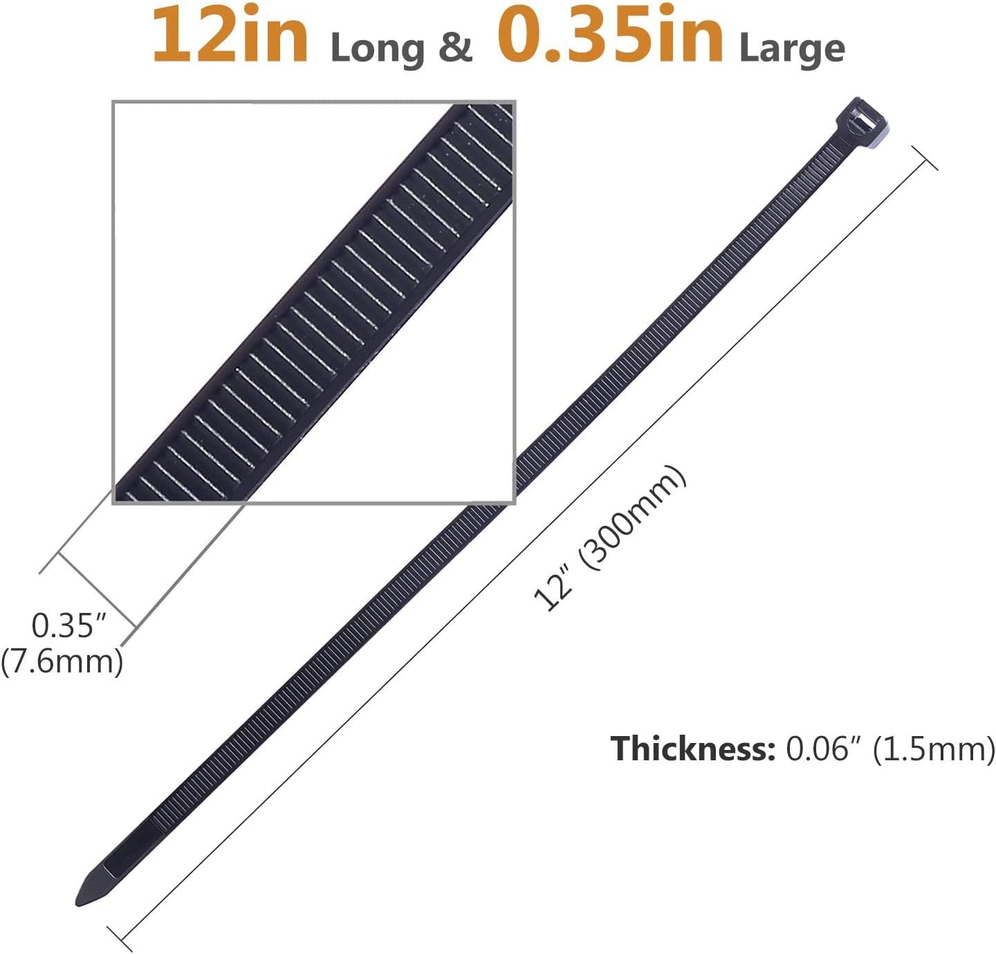 Cable Zip Ties Heavy Duty 12 Inch, 200 Pack 12" Durable Strong Large Nylon Wire Ties Cable Organizer, 120 LB Tensile Strength for Outdoor Indoor Projects, (200 Pieces, Black)