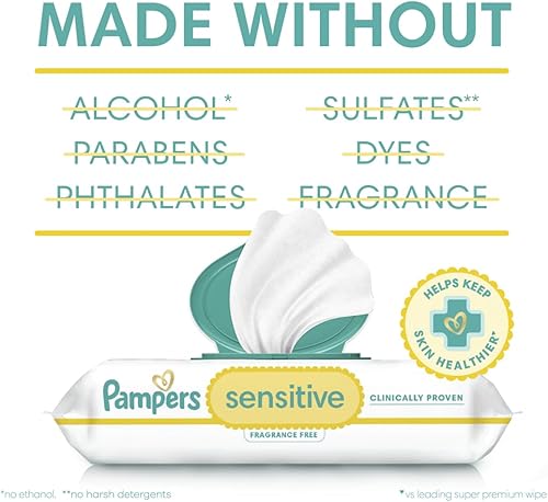 Miniatura 14 de Pampers Sensitive - Toallitas para bebés a base de agua, hipoalergénicas y sin perfume, 8 paquetes con tapa dispensadora, 4 paquetes de recarga, 864
