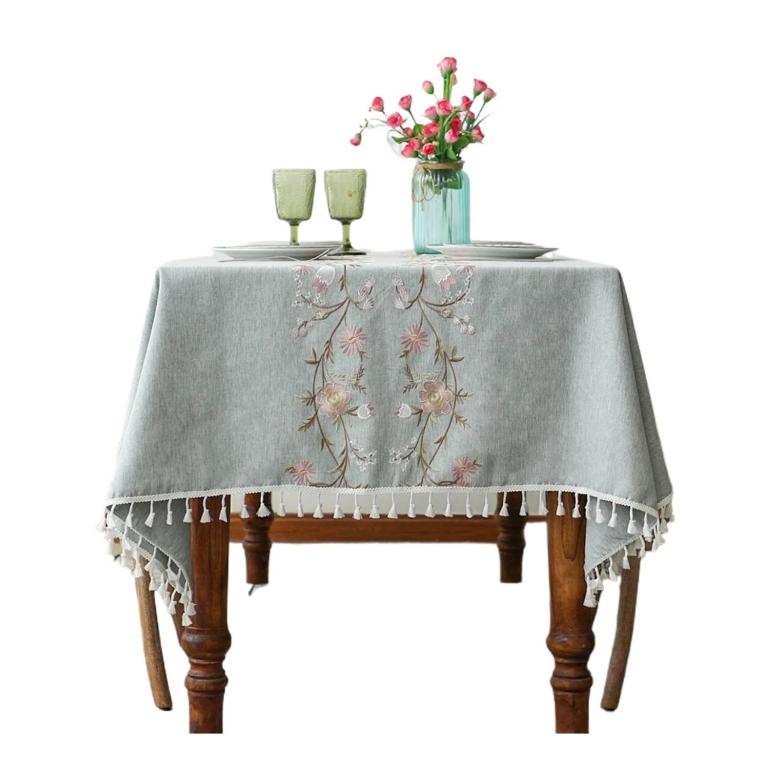 Manteles Bordados de Lino y algodón, rectangulares, a Prueba de Polvo, con Estampado Floral Bordado, for decoración de Fiestas.(Wisteria,140X220cm)