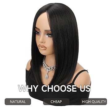 Black Bob Wigs Glueless Straight Wigs For Women Synthetic Heat Resistant Fiber Hair long bob wig Middle Part Natural Bob Wigs medium length wigs for women 16inch(Black)