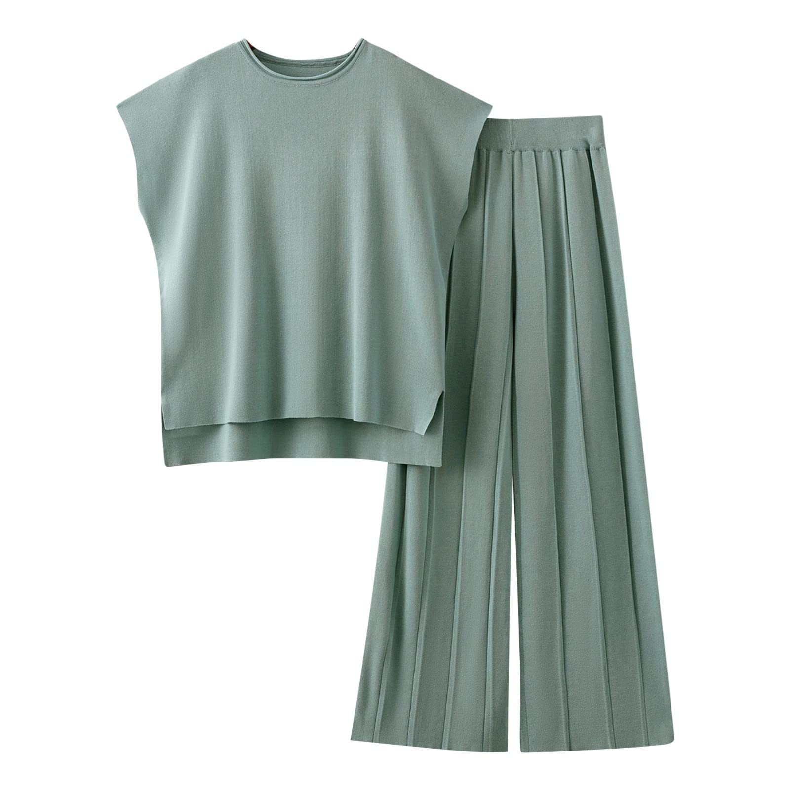 Generic Traje de pantalón elegante para mujer, conjunto de chalecos casuales de verano y pantalones de color sólido de punto de dos piezas, suéter de punto, mono para mujer, verano, corto, elegante