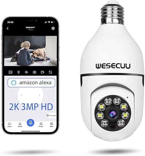 WESECUU Cámara de seguridad de bombilla, paquete de 2 cámaras de seguridad 5G WiFi 2K, inalámbricas, detección de movimiento y alarma para