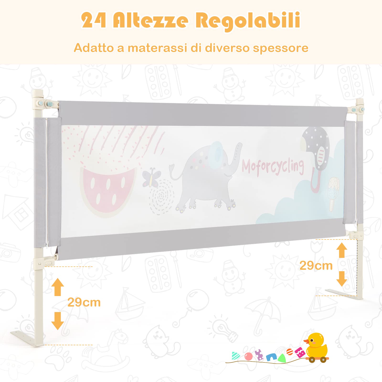 COSTWAY Sponda Letto per Bambini 175 cm, Barriera Pieghevole con Altezza Regolabile, in Tessuto Oxford con Cerniera, con Motivo Cartone Animato, 175,5 x 24,5 x 72,5-101,5 cm (Modello 1, 175 cm)