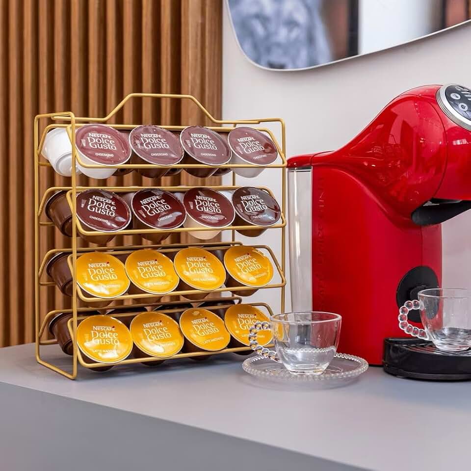 Suporte Cápsulas de Café 32 unidades Porta Reforçado Preto Dourado Organizador (Dourado)