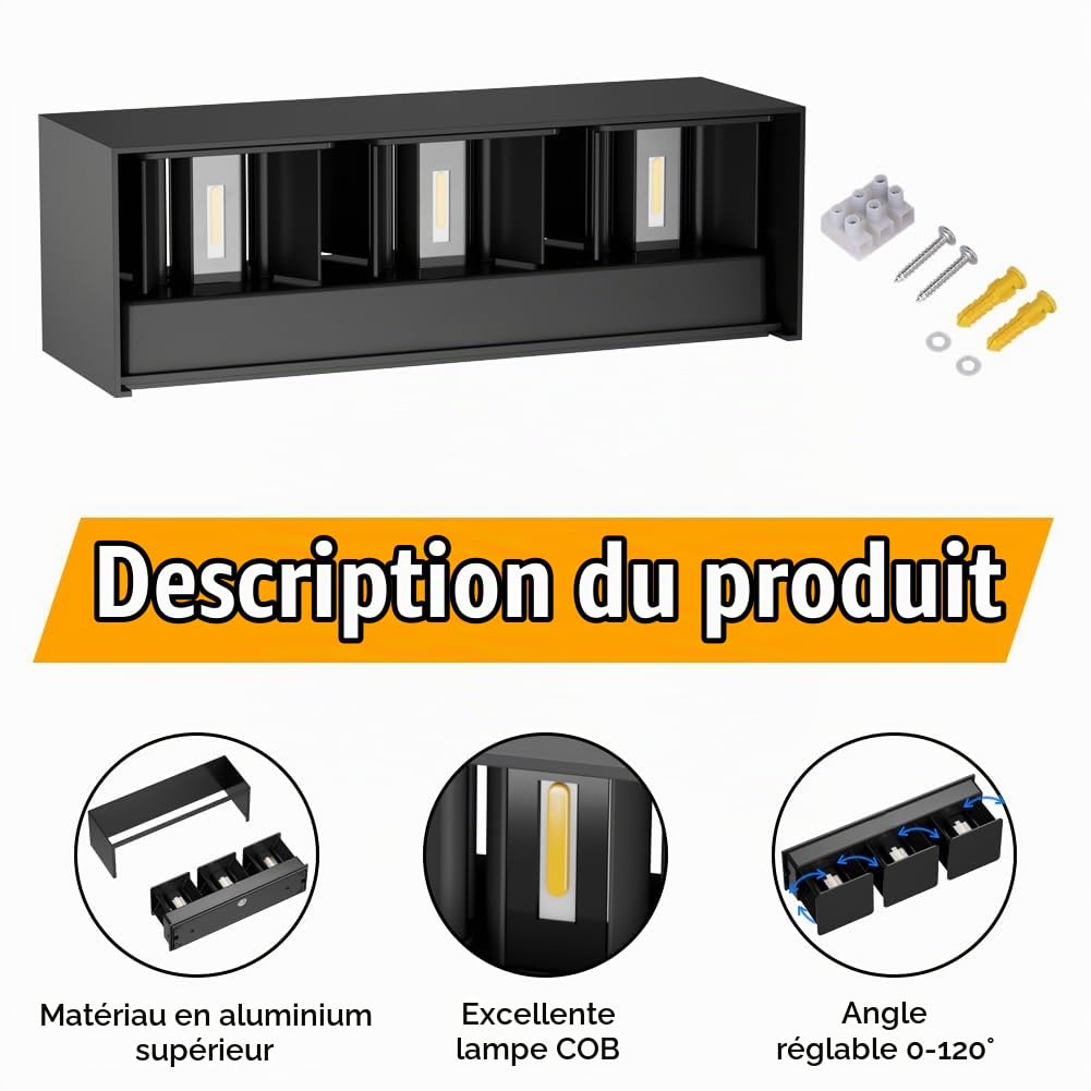 Klighten 30W Applique Mural Intérieur/Extérieur Faisceau Réglable Applique Murale LED IP65 Étanche 3000K Blanc Chaud Appliques Murales,Noir