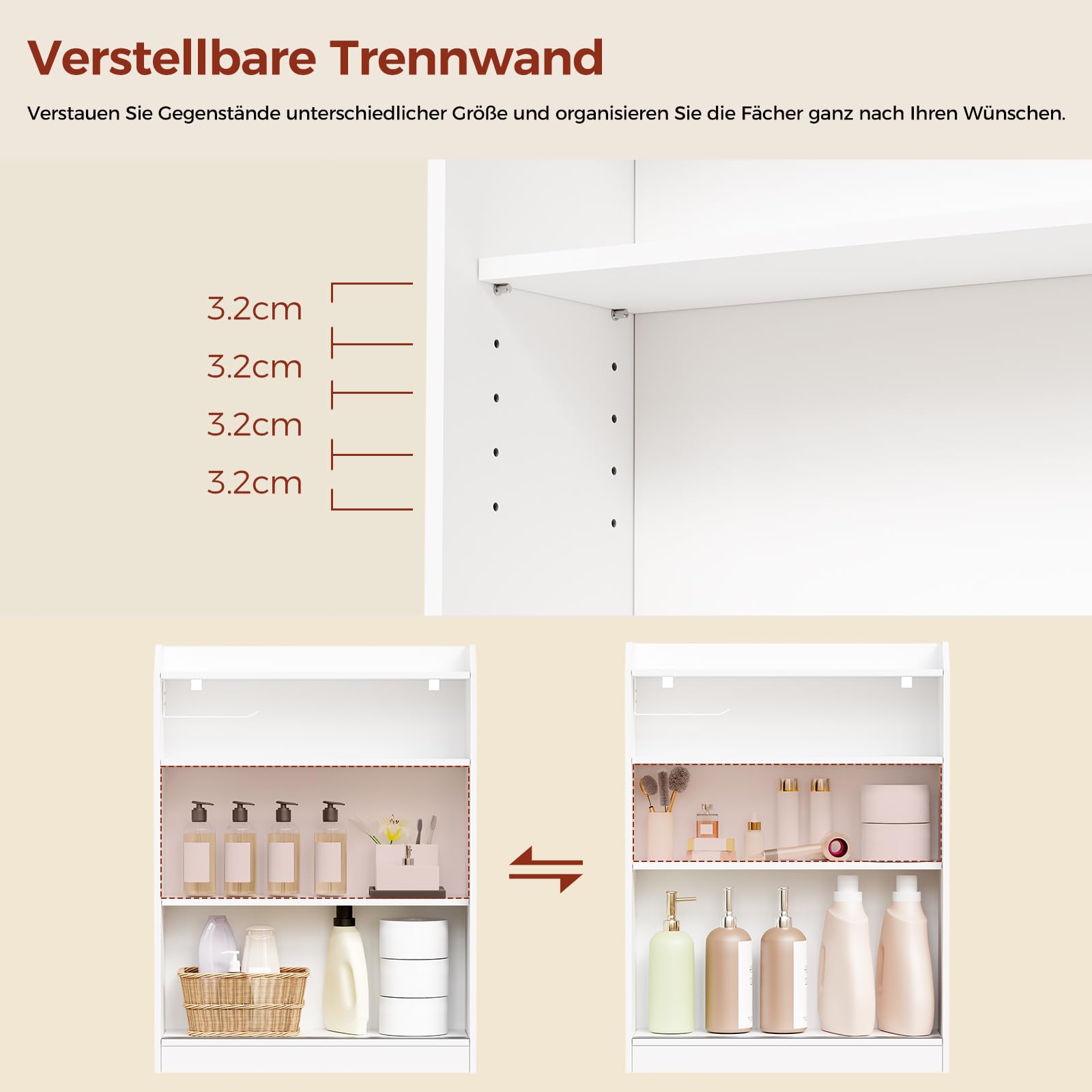 BEWISHOME Badezimmerschrank mit Toilettenpapierhalter,Versenkten Griffen | Badschrank Schmal mit Schiebetüren und Verstellbare Trennwand,Nischenschrank Platzsparend für Badezimmer,20x60x80cm,Weiß