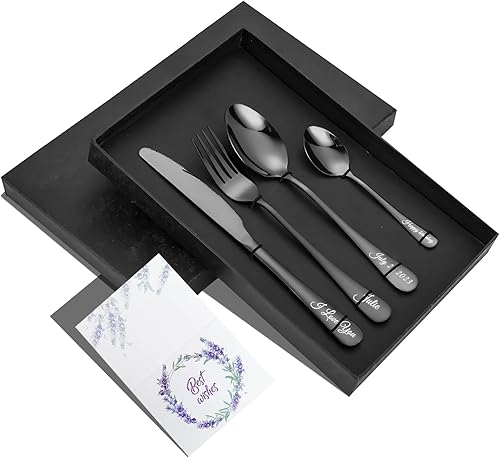 Miniatura 9 de Cubiertos grabados personalizados, juego de vajilla personalizado con caja de regalo, nombre de letras personalizadas, tenedor, cuchillo, cuchara,