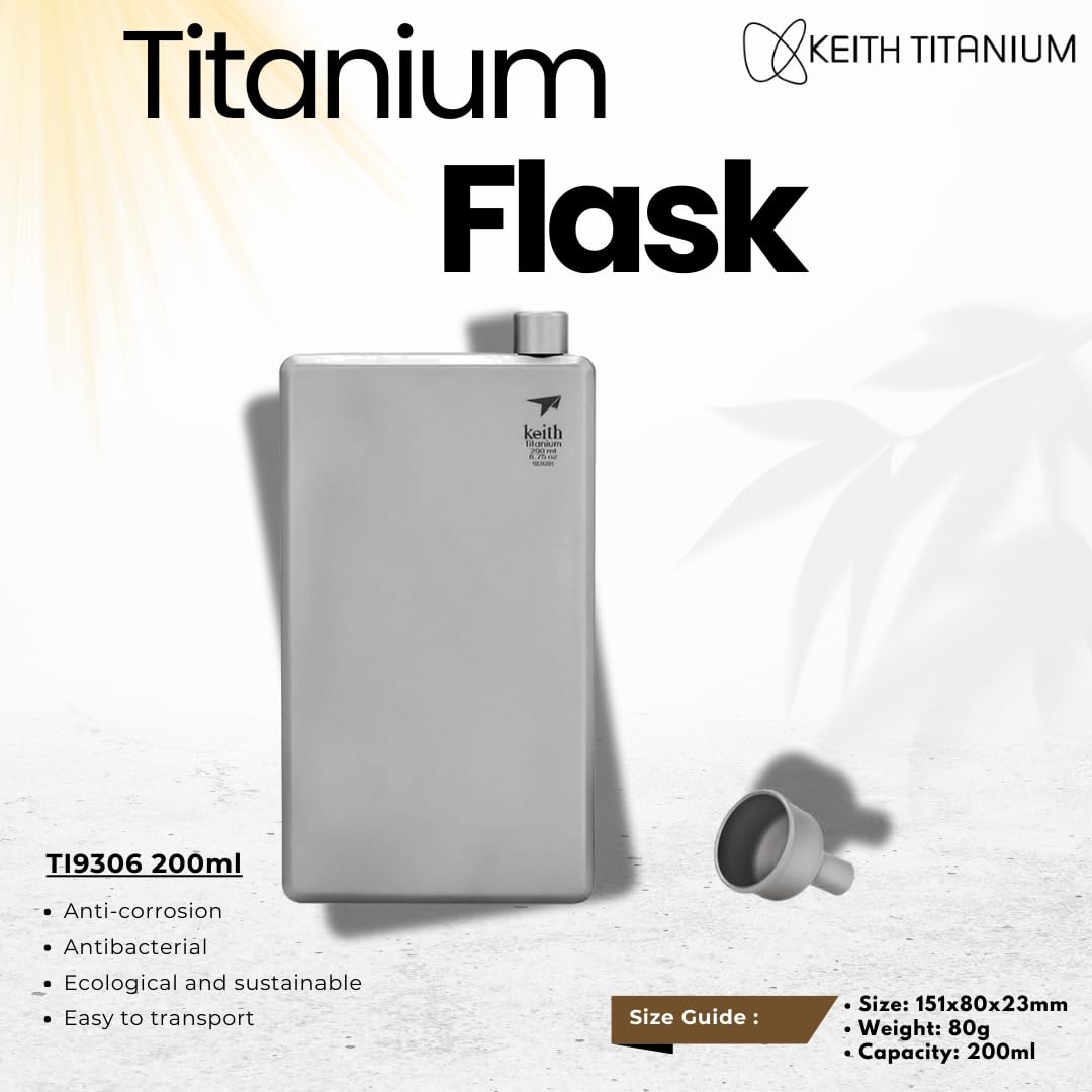 Keith Fiaschetta in Titanio con Imbuto, 200ml, Ti9307, Borraccia Tascabile in Titanio per Vino, Whisky, Vodka,Fiaschetta Sportiva per Uomo e Donna, Perfetta per Escursioni Campeggio e Outdoor