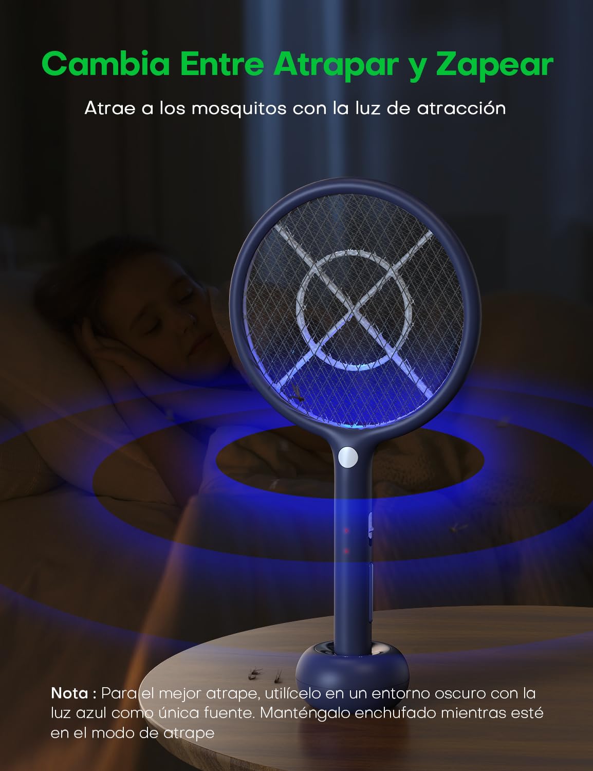 AROEVE Raqueta Mosquitos Electrica, 2-en-1 Raqueta Matamoscas Electrica, 4000V, Base de Carga USB, Batería Recargable de1200mAh, Modo de Atracción Auto, luz LED, Protección de 3 Capas,Azul