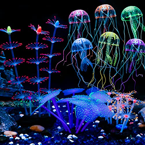 glo fish tank decorations - Uniclife 4 Pack Fish Tank Decorations Glowing Effect Aquarium Décor Small Silicone Artificial Jellyfish Coral Plant Ornament