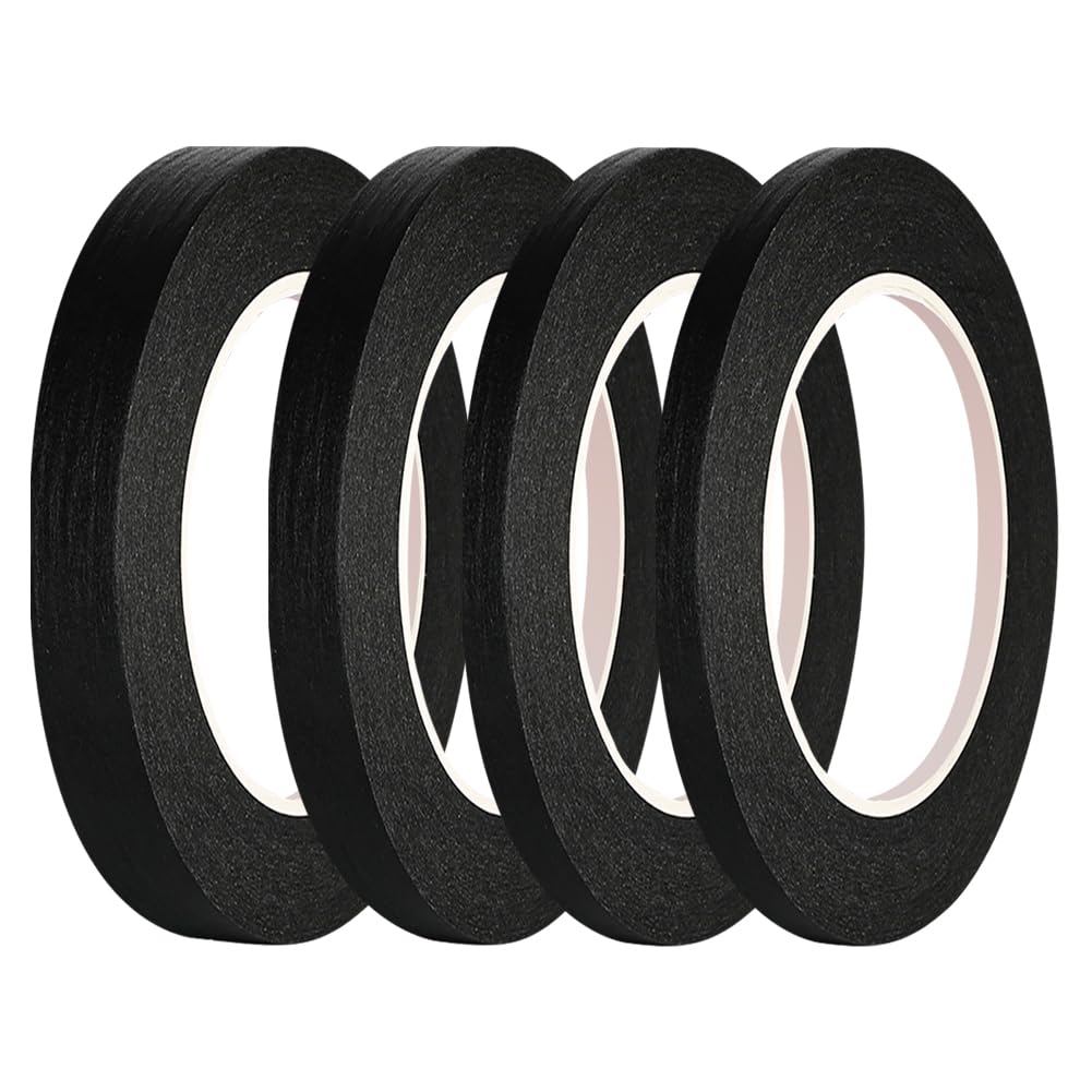HugeDE 4 Rolls 5mm 8mm 12mm Masking Paper Tape Fine Line Tapes Adhesive Painter Tape Thin Colored Tape Automotive Masking Tape for DIY Car Black