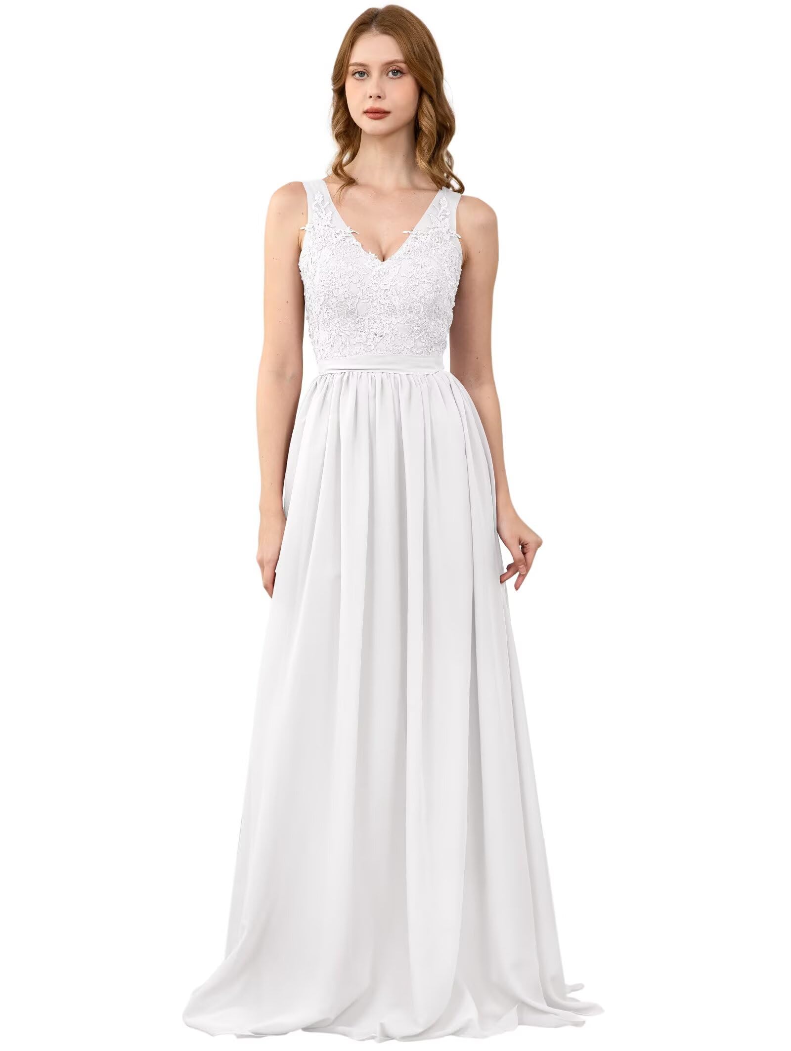 Lace Appliques Chiffon Bridesmaid Dresses for Women Long V Neck Prom Dress Aline Formal Evening Party Gowns