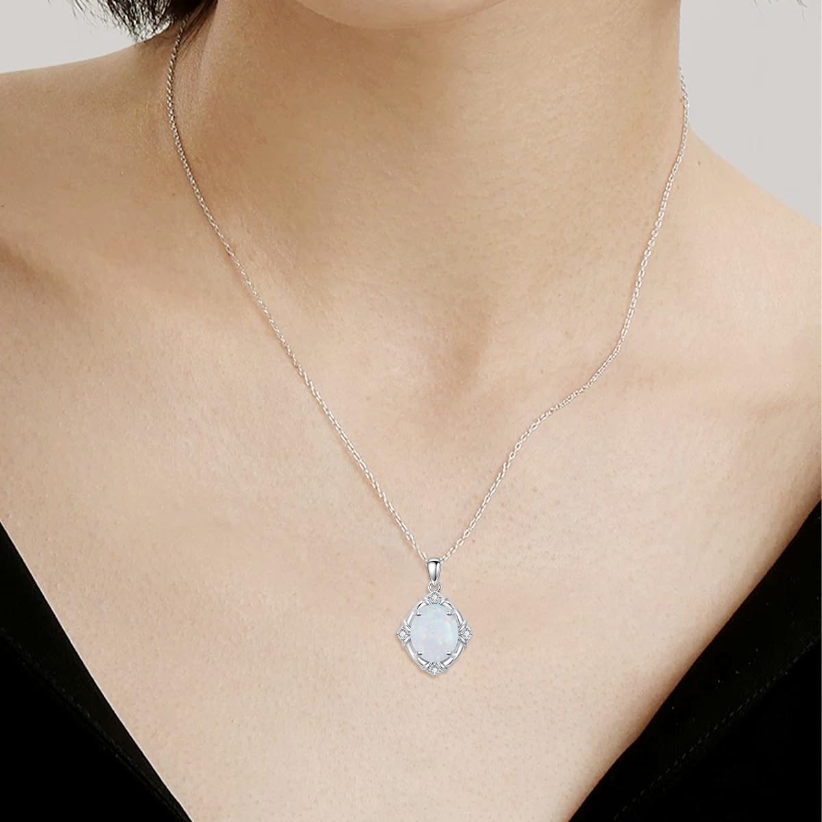 Oval Opal with Genuine Diamond Pendant Necklace 925 Sterling Silver Dainty White Opal Necklace Anniversary Birthday Jewelry Gifts for Women Her - Image 3