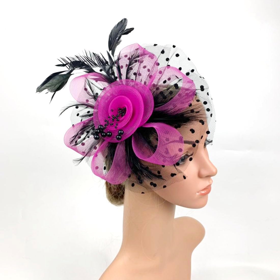 DRESHOW Fascinators Hat Flower Mesh Ribbons Feathers on a Headband and a Clip Tea Party Headwear for Girls and Women image 2