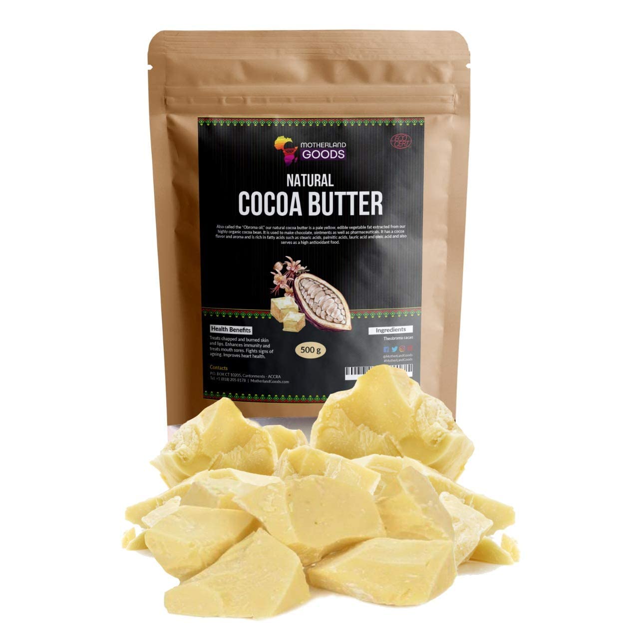 Trozos de manteca de cacao natural: hidratante corporal orgánico y crudo sin refinar para piel sensible, antienvejecimiento, cicatrices y alivio del eccema: mantequilla cruda D