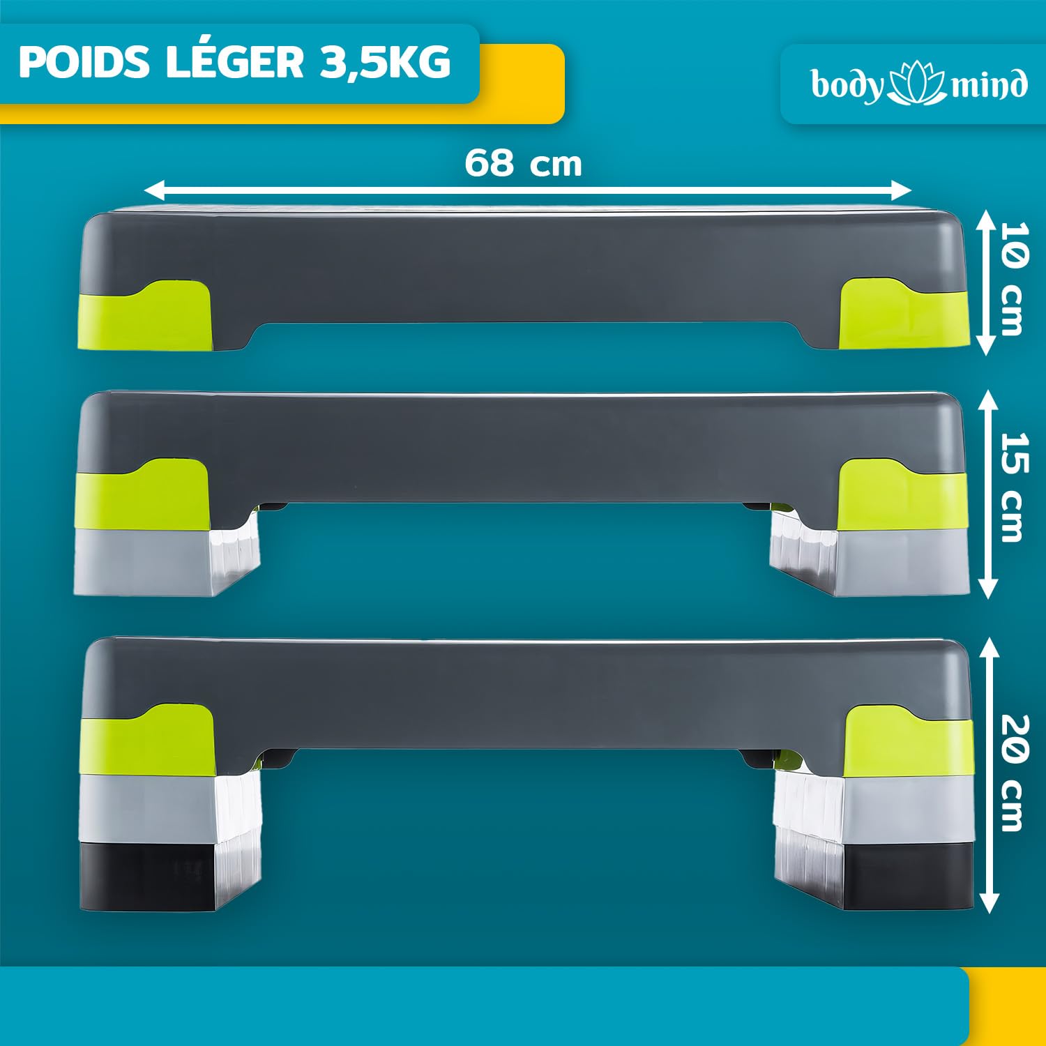 Body & Mind® Stepboard aérobic Deluxe 2-étapes Stepper Step-Bench avec tapis antidérapant gratuit & E-Book d'entraînement exclusif