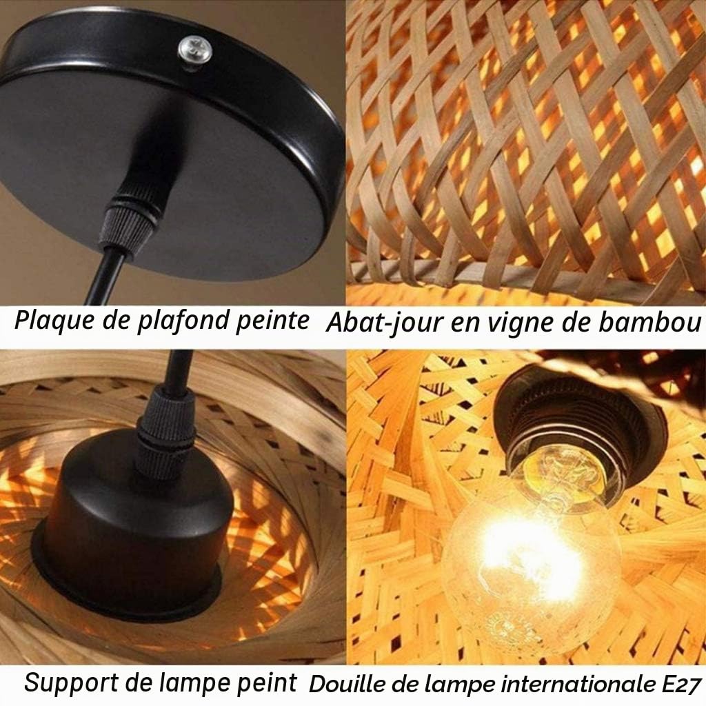 Lustres Vintage Lampe Pendentif Tissé Bambou Rotin Naturel Main Lustre Creative Lampe Suspendue E27 Réglable En Hauteur Lampe Suspension Chambre Restaurant Vivant Plafonnier Café Lumière,60cm
