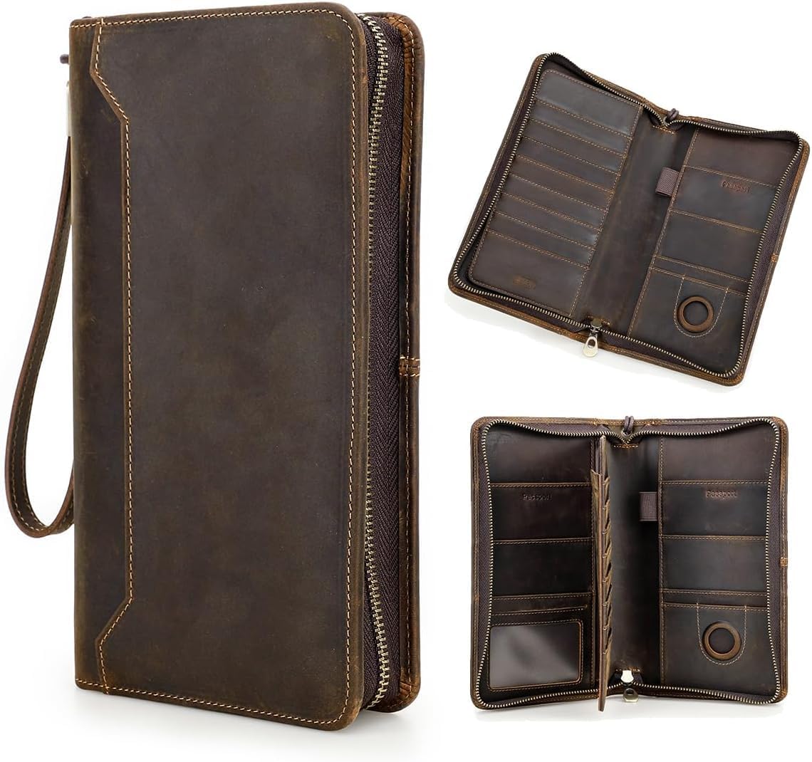 Contatti Portafoglio RFID da uomo Passaporto da viaggio in pelle pieno fiore Portafoglio di grande capacità per 6 passaporti, 8 carte, AirTag, Borsa con tracolla, Marrone scuro, L, Retro, marrone scuro, Retro