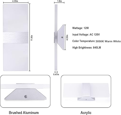 Miniatura 5 de TRLIFE Apliques de pared LED regulables, modernos apliques de pared, juego de 2 luces montadas en la pared de 12 W, 3000 K, blanco cálido,