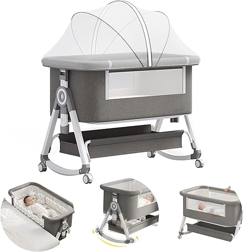 Cuna de bebé 4 en 1, cuna mecedora con cómodo colchón y ruedas, 6 alturas ajustables y fáciles de plegar, cuna portátil para recién nacidos