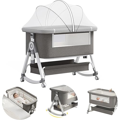 4 in 1 Baby Bassinet, Rocking Bassinets Bedside Sleeper with Comfy Mattress and Wheels, 6 Height Adjustable Easy Folding Portable Bedside Crib for Newborn Infant