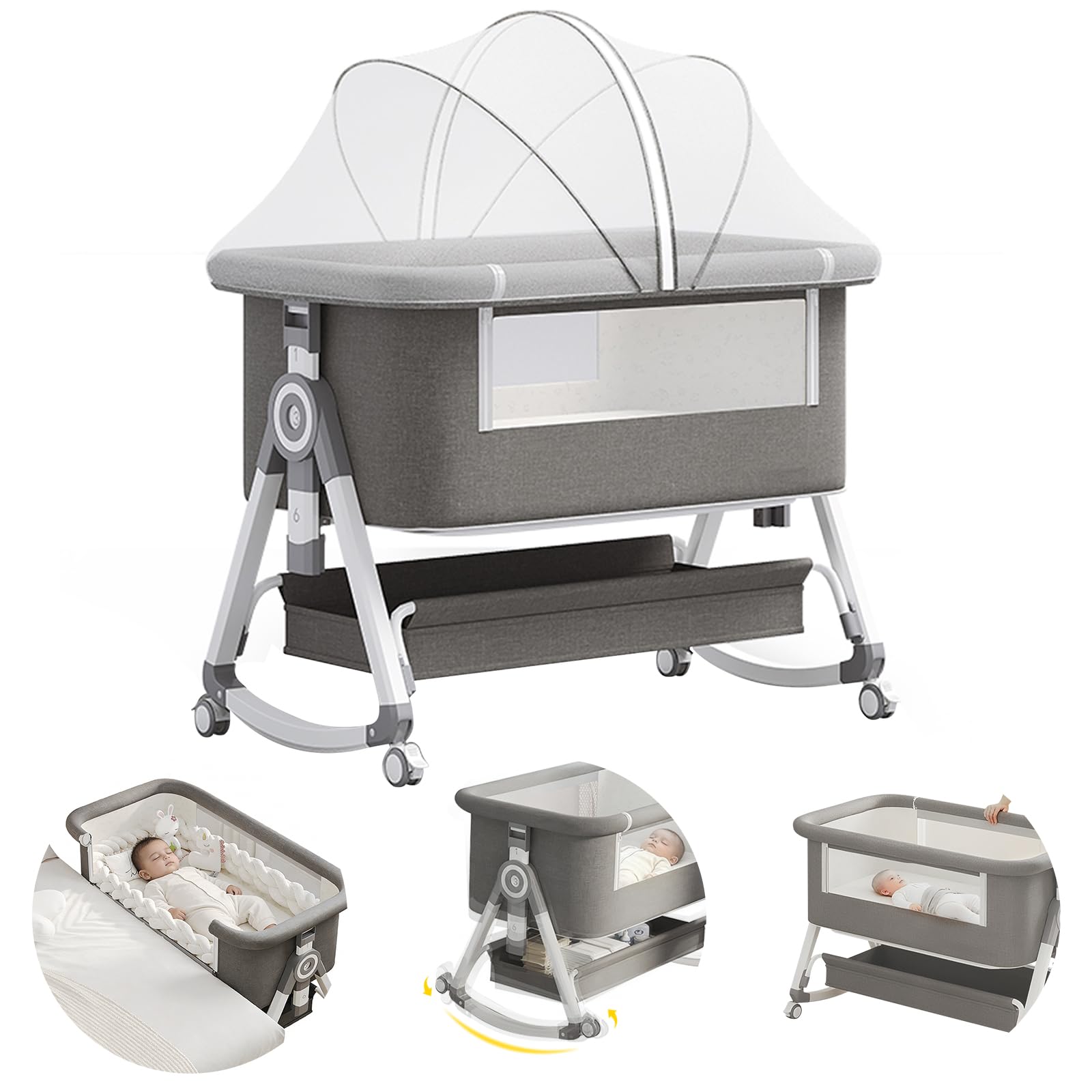 4 in 1 Baby Bassinet, Rocking Bassinets Bedside Sleeper with Comfy Mattress and Wheels, 6 Height Adjustable Easy Folding Portable Bedside Crib for Newborn Infant