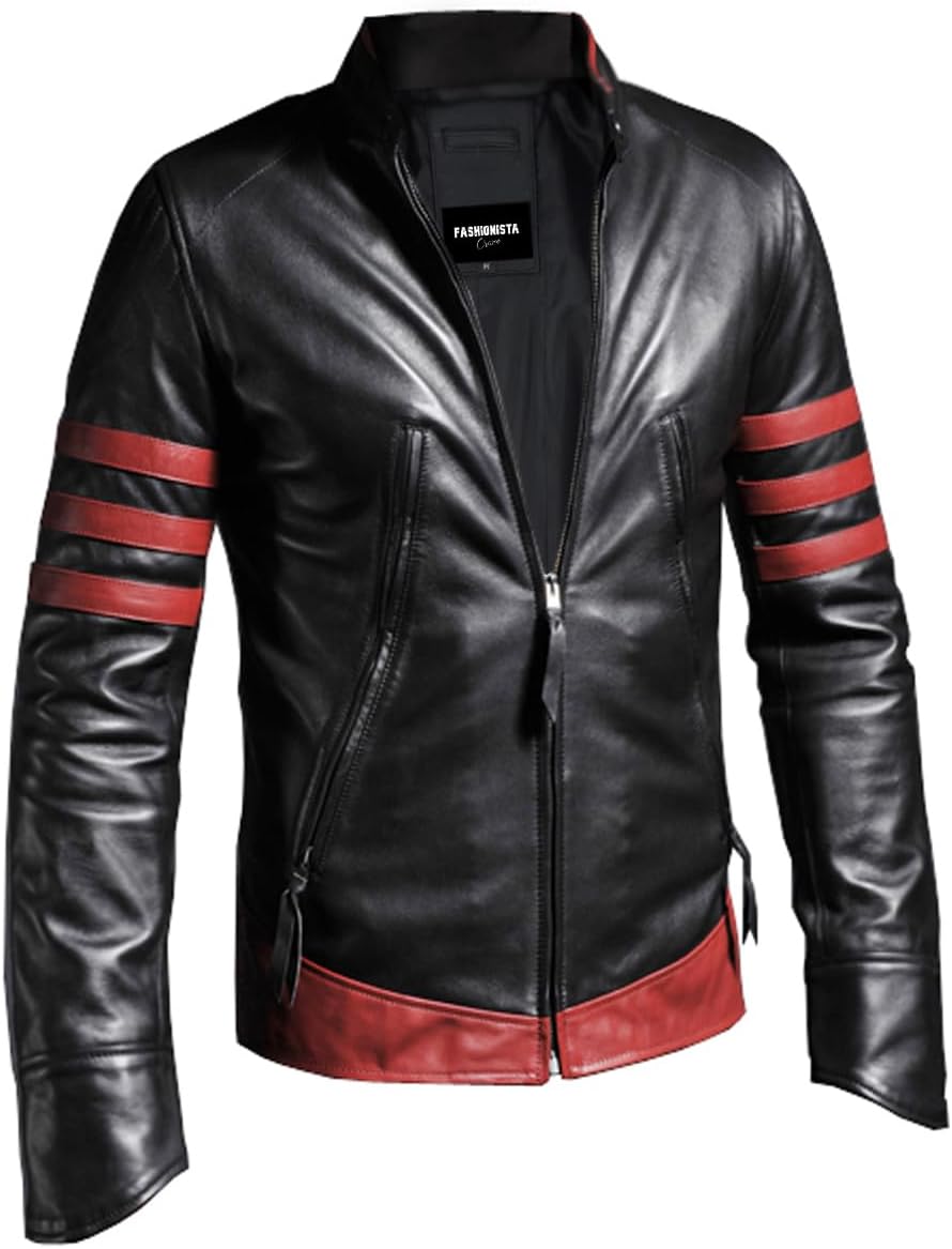 Men's Vintage Style Leather Motorcycle Jacket, Brown with Tan Stripes, Zip Front