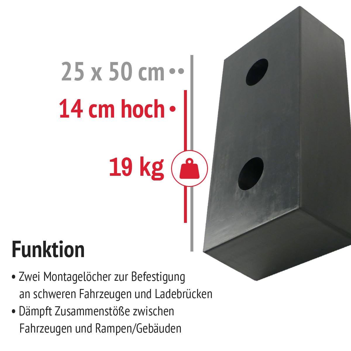 Anfahrpuffer Bulli-B 140 | 500x250x140mm Gummipuffer für Rampen und Standard-Überladebrücken. Schützt LKWs, Wechselbrücken und Gebäude | Lochabstand: 250mm; Lochdurchmesser: 62mm