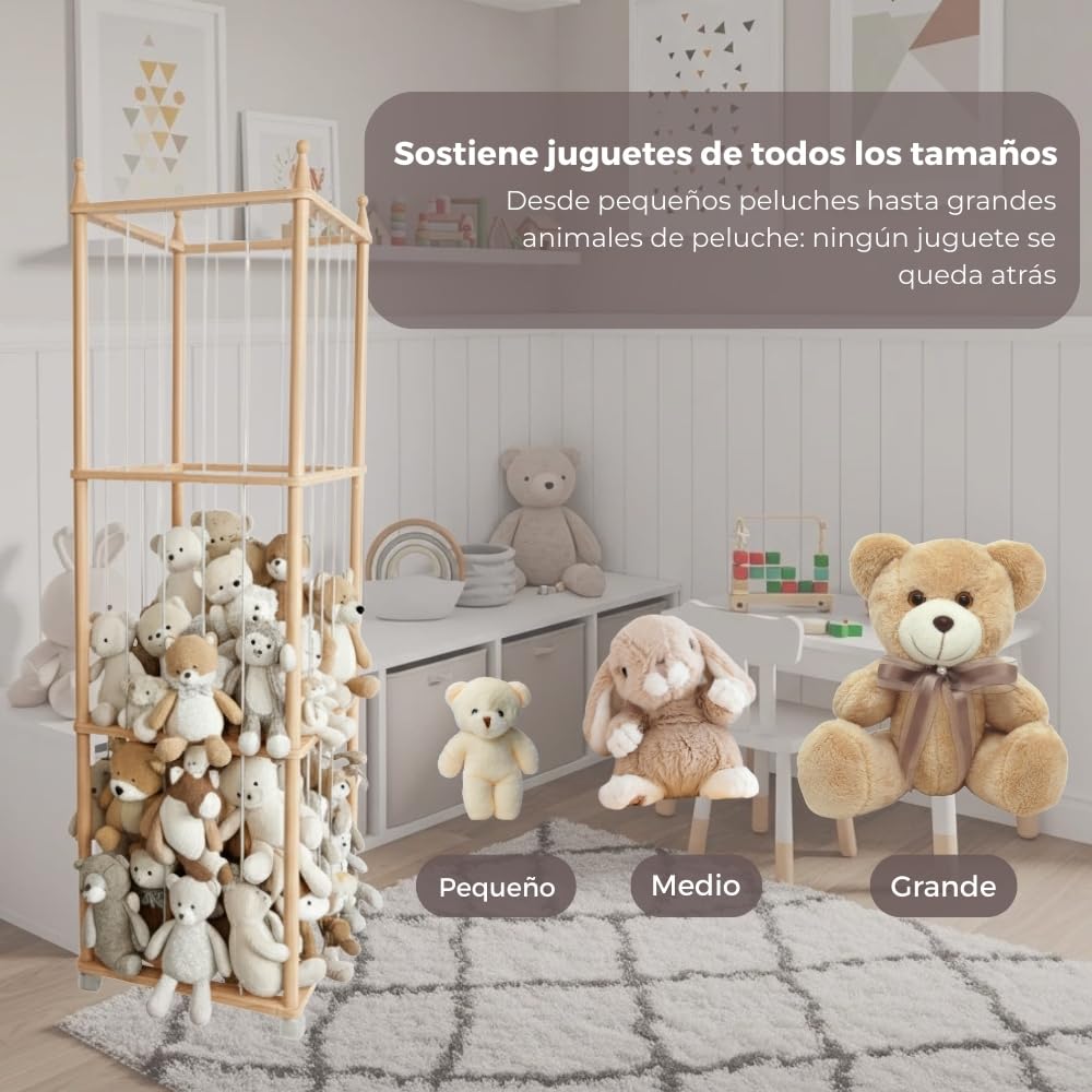 Wonder Space Estante de Madera para Peluches con Ruedas, Gran Organizador de Juguetes para Habitación Infantil, Soporte Seguro y Ecológico para Bebés y Niños Pequeños (Madera Natural)