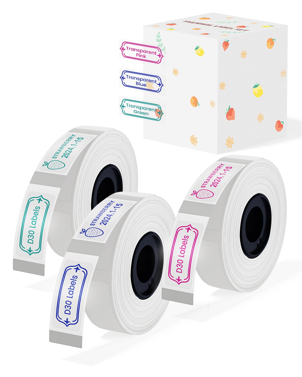 D30 Label Maker Tape - Color Fonts on Clear/Transparent D30 Labels, Self-Adhesive, Compatible with Phomemo D30, 14mm x 30mm (0.55" x 1.18"), 210