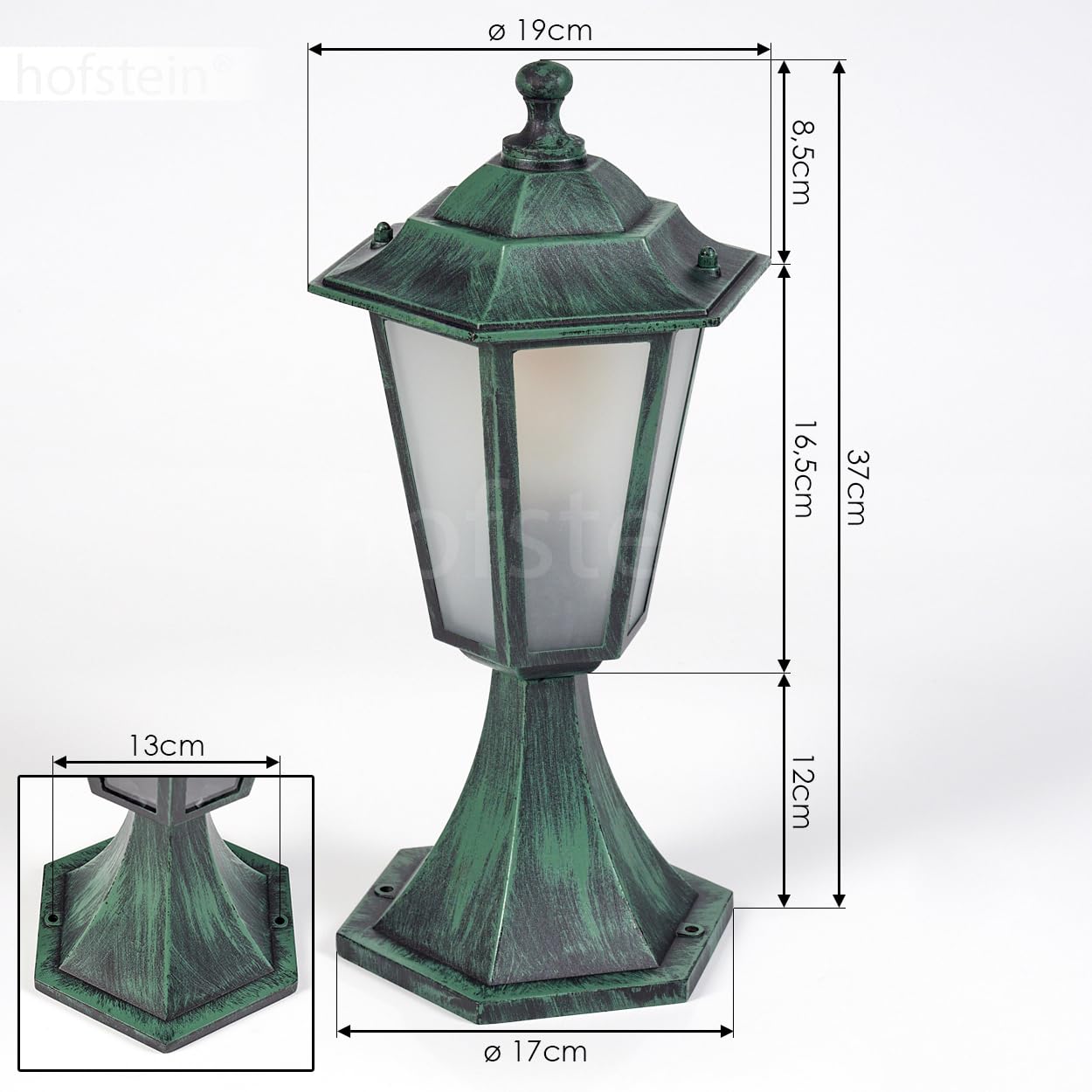 HOFSTEIN Außenwegeleuchte Loria, Sockelleuchte aus Metall/Milchlas in Schwarz-Grün, Wechselscheiben Klar, Wegeleuchte im Landhaus/Antik/Retro/Vintage-Design für Garten, Hof, Terrasse, 37 cm, E27, IP44