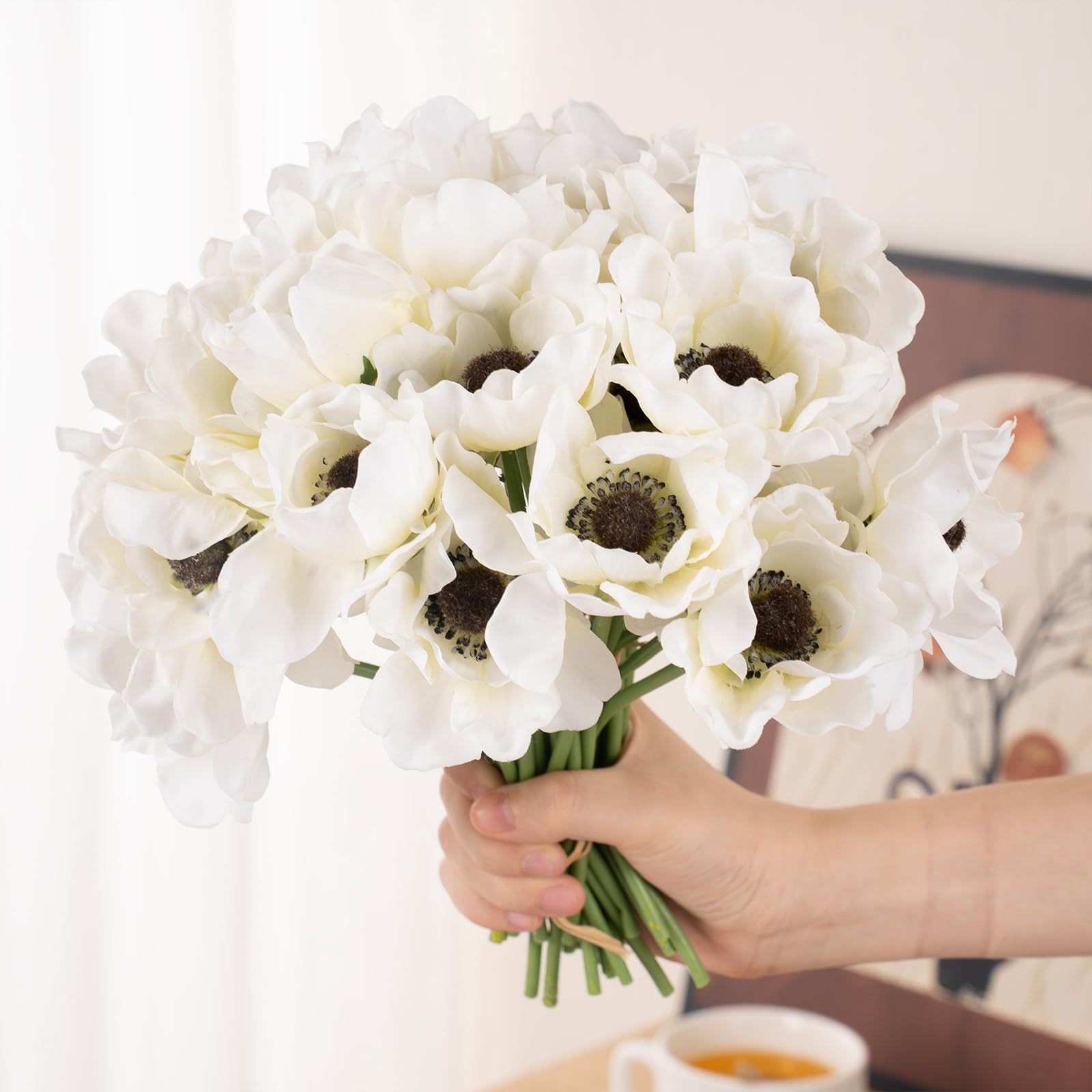 FairDeco White Anemone Artificial Bouquet