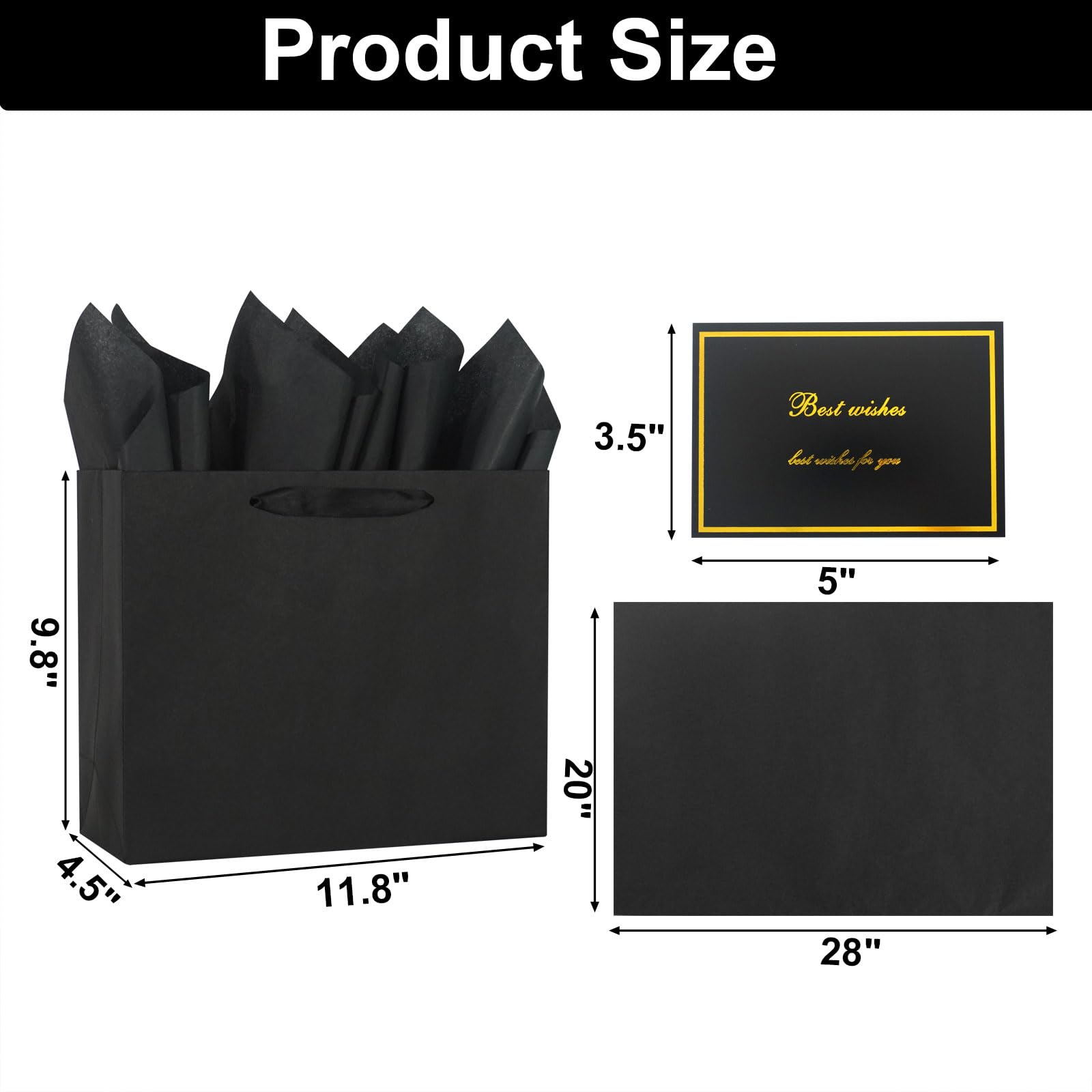 Elegant Black Gift Bag 11.8"x4.5"x9.8" with Ribbon Handles, Includes Card and Tissue Papers, Perfect for Birthdays, Weddings, Parties, Holidays, Baby Shower