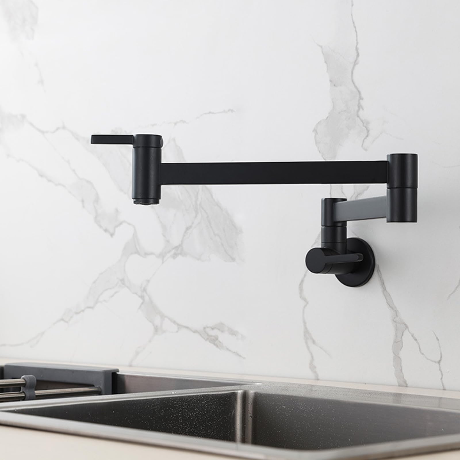 Grifo de Llenado de Ollas para Cocina Grifo de Cocina de Latón con Brazo Oscilante Doble Plegable de Refrigeración Individual Montado en La Pared,Negro