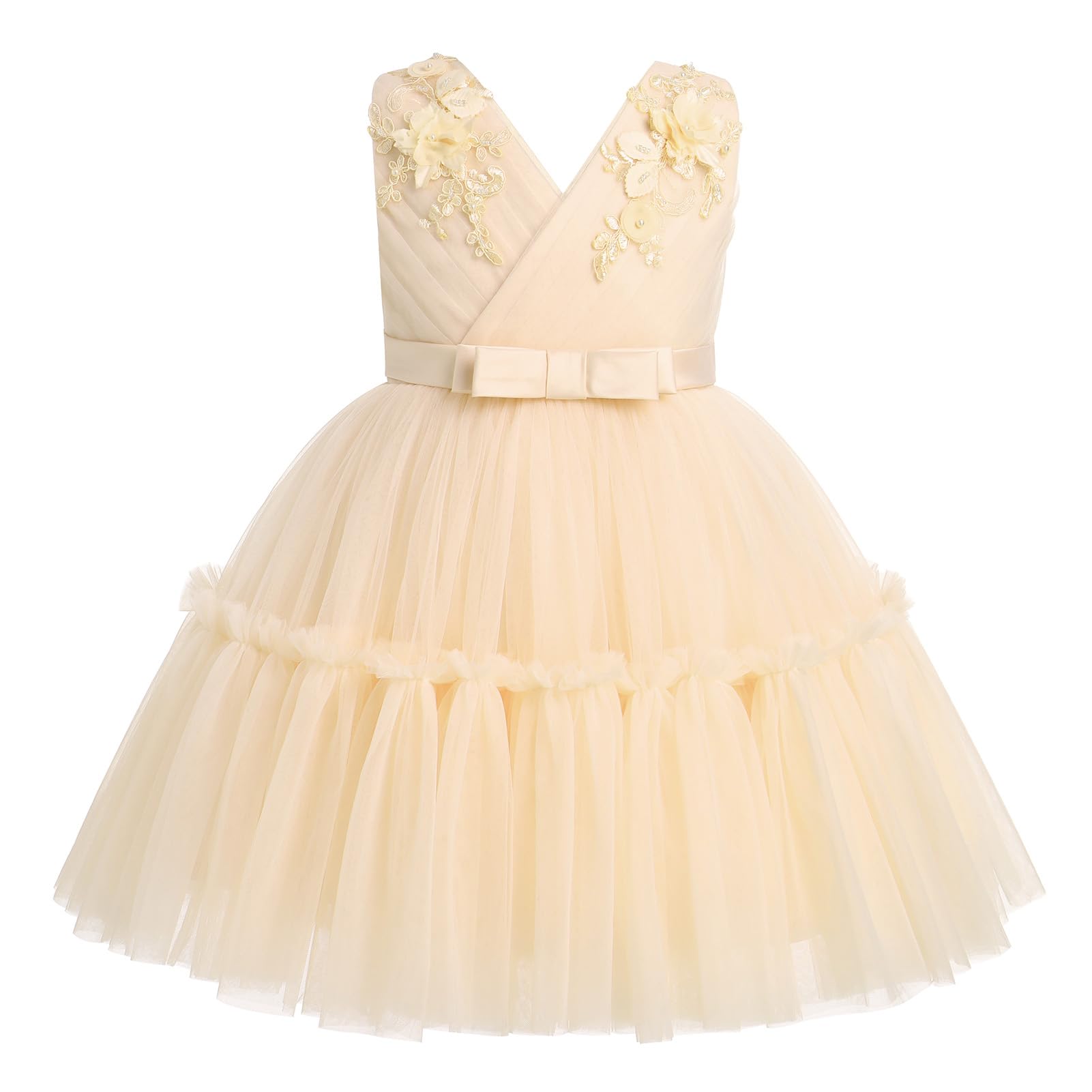 IBTOM CASTLE Blumenmädchenkleider für Hochzeit, ärmellos, V-Ausschnitt, plissiert, Prinzessin, Rüschen, Tüll, Tutu-Kleid, Geburtstagsparty-Kleid