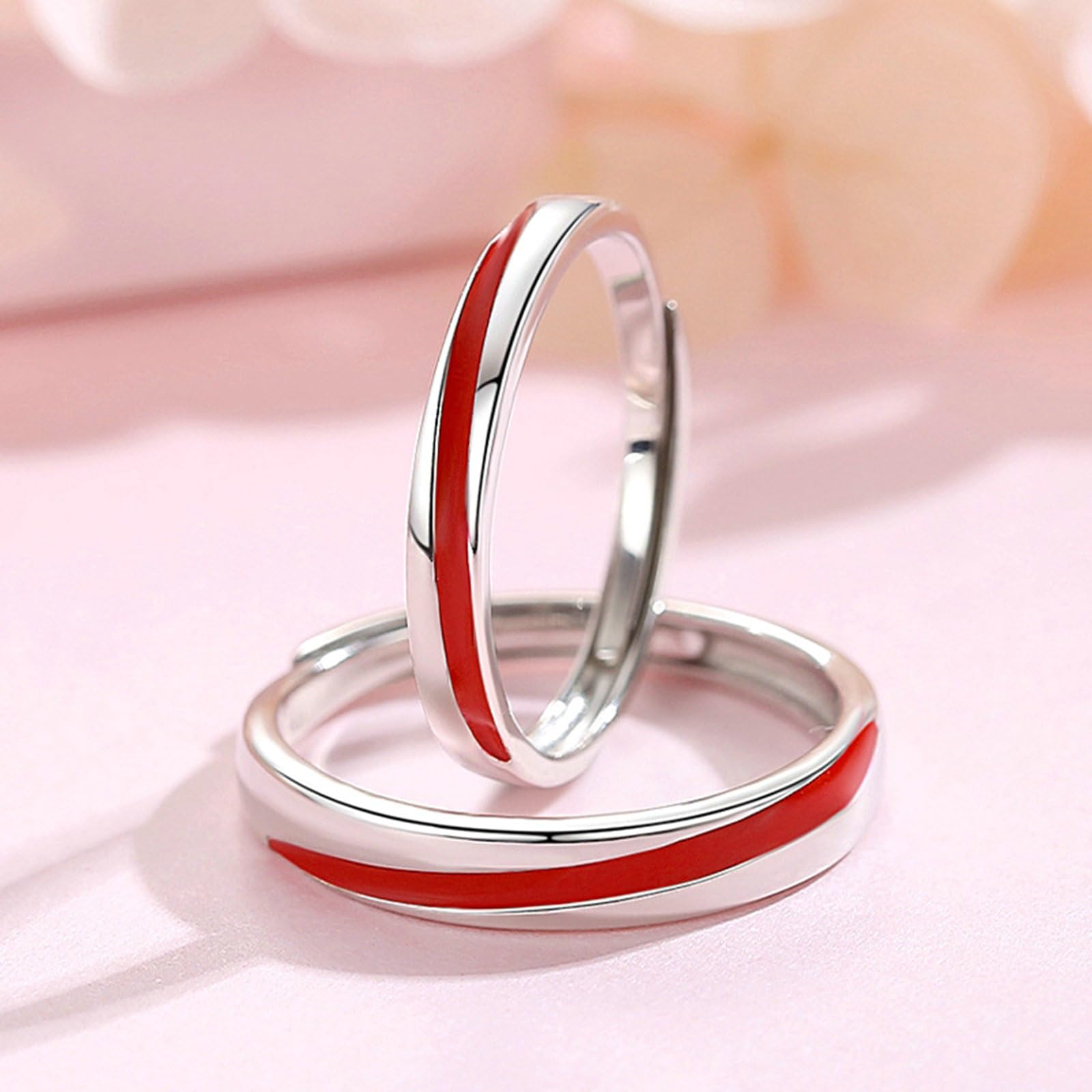 Anello Filo Rosso, Coppia di Anelli in Argento Sterling 925 con Linea Rossa Anello di Fidanzamento Incisione Anello Argento Matrimonio Lui e Lei Regolabile