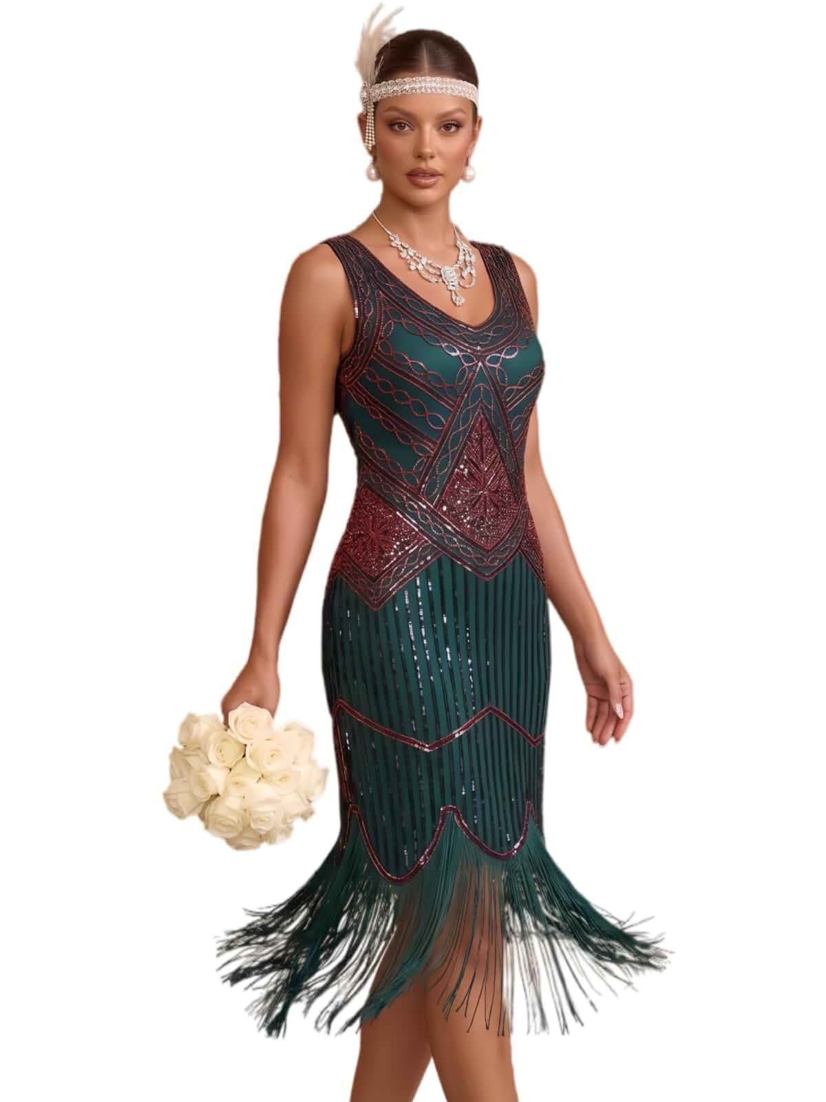 Plus Size 1920s Vintage Fringed Gatsby Sequin Beaded Tassels Hem Flapper Dress for Women