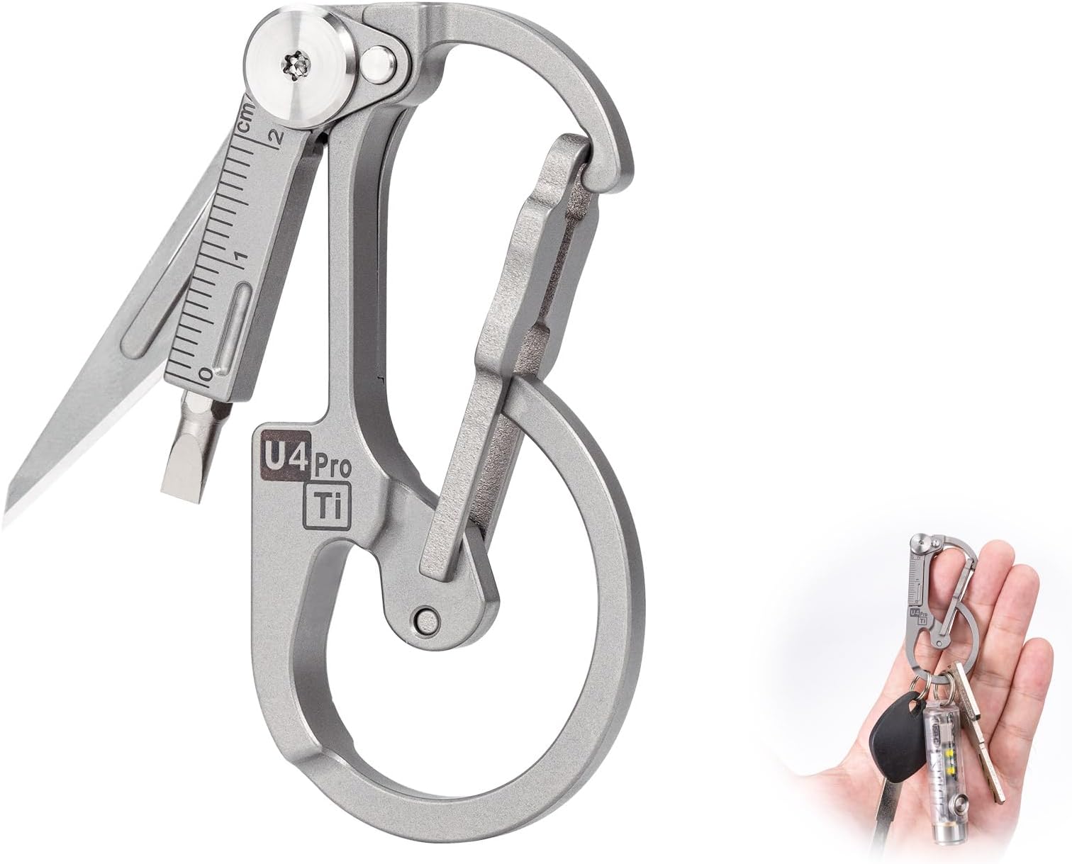 (Upgraded) U4 Pro+ Plus Titanium Carabiner Clip, Multi Tools Small EDC Carabiner Keychain Hidden Folding Knife and Dual-Bit Screwdriver Set, EDC Gear Gadget for Men Outdoor Daily Carry