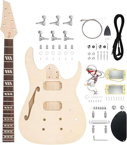 Kit de guitarra eléctrica para bricolaje, kit para principiantes de 6 cuerdas para diestros con chapa de arce flameada, parte superior de madera de