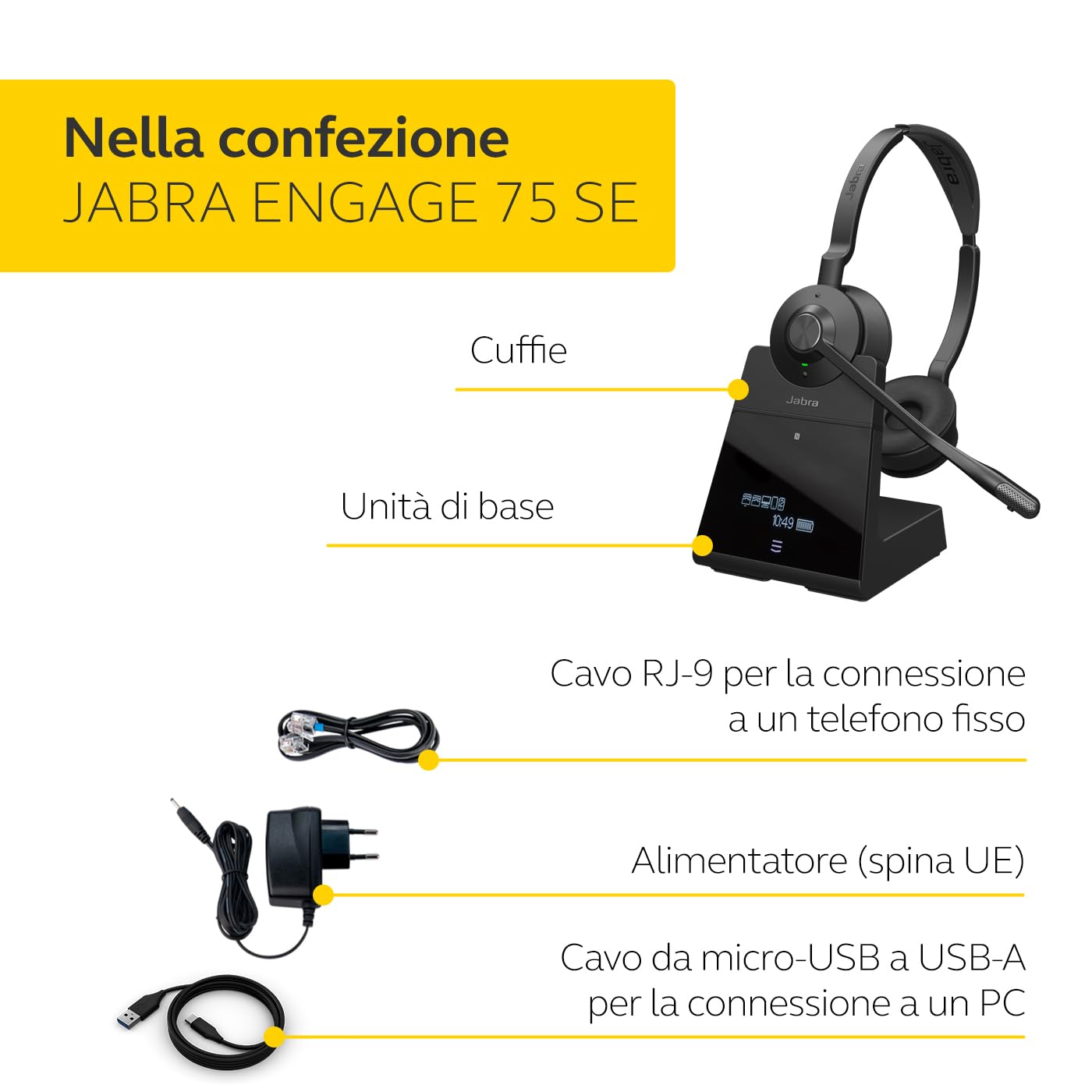 Jabra Engage 75 SE Stereo Wireless Headset Chiamate professionali, sicurezza DECT, da USB-C a USB-A, microfono avanzato a cancellazione di rumore, comfort per tutto il giorno include base, cavi - Nero