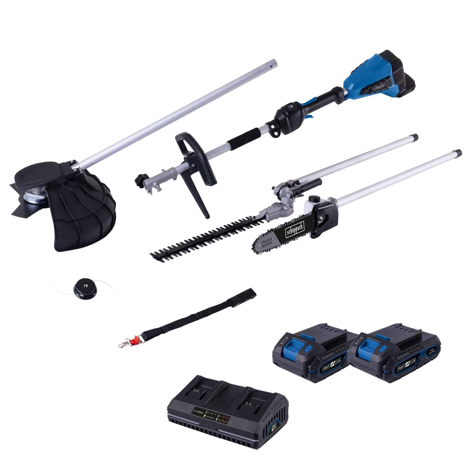 Scheppach Dispositivo multifunción 4 en 1 BC-MFH400-X 20 V sin escobillas para jardín, desbrozadora, cortasetos, podadora, serie IXES de 20 V, con 2 baterías de 2 Ah y cargador doble