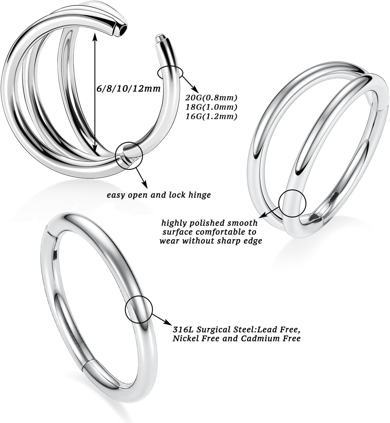 Seamless Clicker Nose Ring 20G Nose Rings Hoops Double Nose Hoop Ring Silver Daith Earrings Surgical Steel Cartilage Helix Piercings 3pcs Septum Clicker Rings Septum Jewelry Rook Tragus Jewelry 10mm